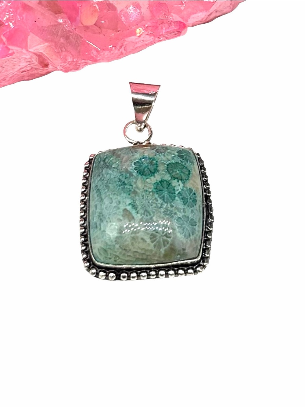 Turquoise Fossil Coral Necklace Pendant 925 Sterling Silver Overlay